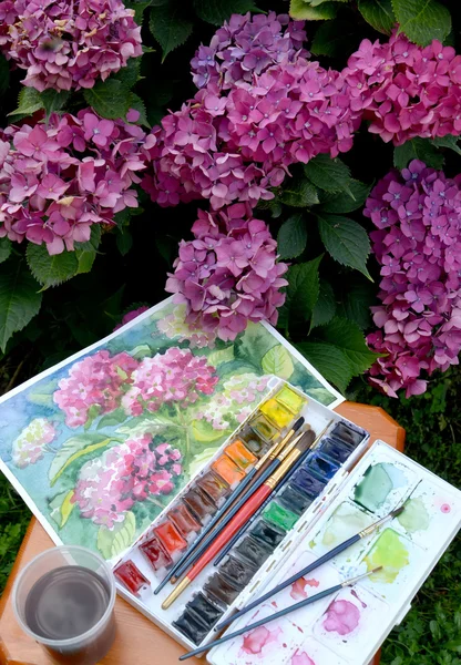 O desenho "Hortênsias florescentes", pinturas a cores de água e fluxo — Fotografia de Stock