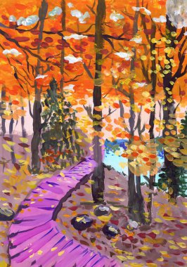 Картина, постер, плакат, фотообои "деревянная тропа спускается к озеру в осеннем лесу. детский рисунок", артикул 517196790