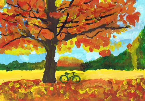 Bicicleta Encuentra Bajo Brillante Árbol Otoño Dibujo Del Niño —  Fotos de Stock