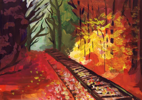 Železnice Podzimním Lese Dětská Kresba — Stock fotografie