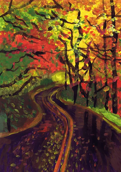 秋の森の中で巻きモーター道路 子供の絵 — ストック写真