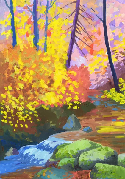 Stream Rolls Stones Autumn Forest Child Drawing — Stock Photo, Image
