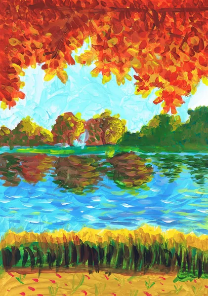 Nehir Kıyısı Bir Sonbahar Ağacının Tacı Çocuk Çizimi — Stok fotoğraf