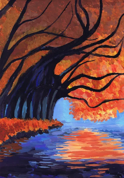 秋の木々が水の上に曲がっている 子供の絵 — ストック写真