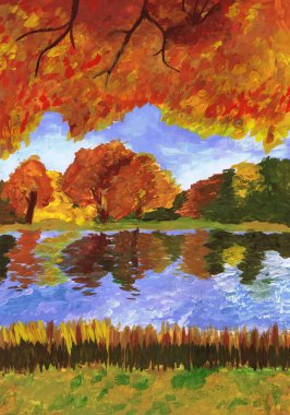 Nehir kıyısındaki parlak sonbahar ağaçları. Çocuklar çiziyor