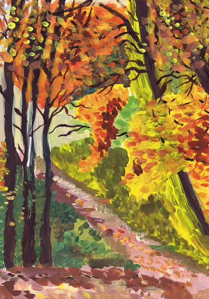 道は秋の森の中を上ります 子供の絵 — ストック写真