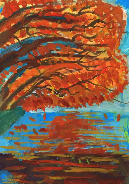 Φθινοπωρινά Δέντρα Έσκυψαν Πάνω Από Νερό Παιδική Ζωγραφιά — Φωτογραφία Αρχείου