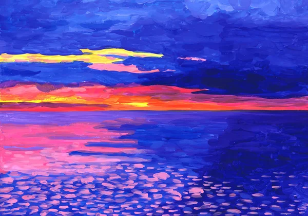 Яскравий Захід Сонця Над Морем Дитячий Малюнок — стокове фото