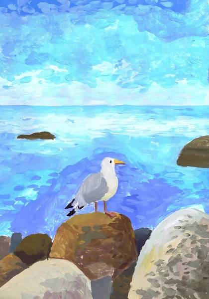 Seagull Stands Stone Seashore Children Drawing — Stock Photo, Image