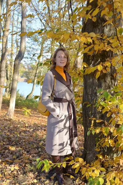 Mladá Žena Kabátě Kráčí Podzimním Lesem — Stock fotografie