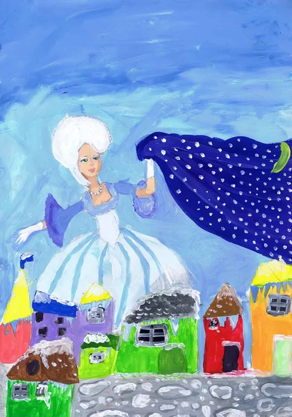 Eine Schneekönigin Mit Nachthimmel Über Einer Altstadt Illustration Für Die — Stockfoto