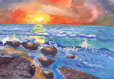 Baltık Denizi 'nin üzerinde doğan güneş. Çocuk çizimi