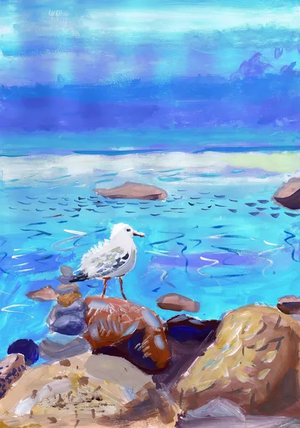 Морской Пейзаж Чайкой Стоящей Камне Детский Рисунок — стоковое фото