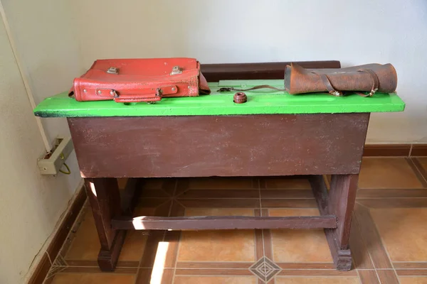 Kaliningrad Region Russia July 2020 Old School Bags Lie Desk — 图库照片