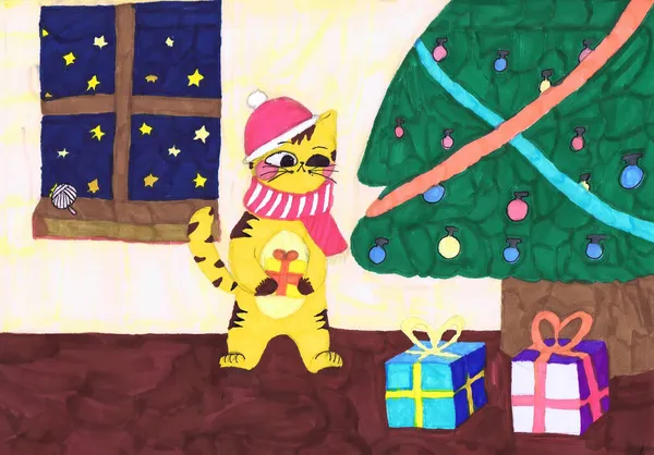 Τίγρης Στέκεται Κοντά Στο Στολισμένο Χριστουγεννιάτικο Δέντρο 2022 Παιδική Ζωγραφιά — Φωτογραφία Αρχείου