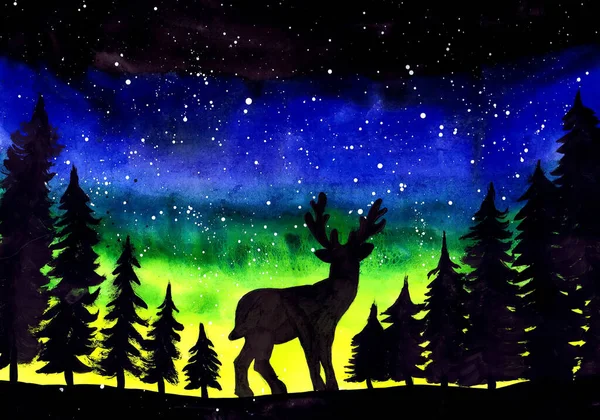 冬の夜のオーロラを背景に鹿のシルエット 子供の絵 — ストック写真