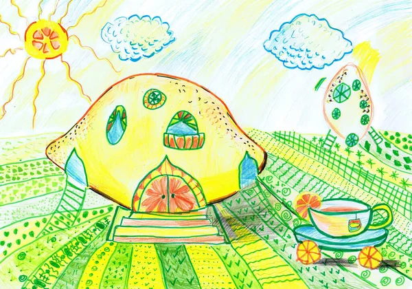 Lemon House Fabulous Country Children Drawing — стоковое фото