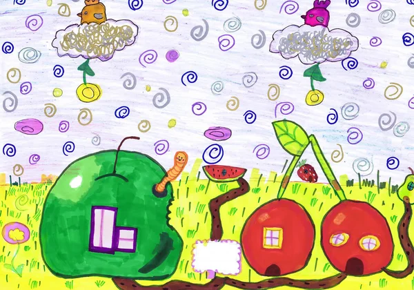 Fruit Houses Fabulous Country Children Drawing — стоковое фото