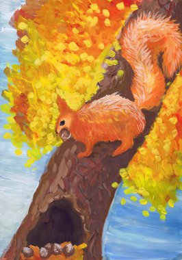 Sincap dişinde fındıkla bir ağaca oturur. Çocuk çizimi