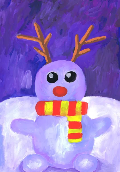Ένα Πορτραίτο Ενός Χιονάνθρωπου Κλαδιά Στο Κεφάλι Του Παιδική Ζωγραφιά — Φωτογραφία Αρχείου