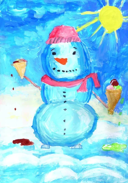 雪だるまは晴れた冬の日にアイスクリームを保持します 子供の絵 — ストック写真