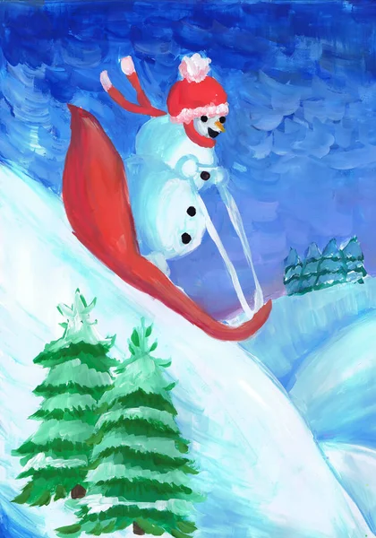 Ένας Χιονάνθρωπος Κινείται Από Ένα Βουνό Έλκηθρο Παιδική Ζωγραφιά — Φωτογραφία Αρχείου