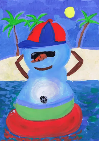 Een Sneeuwpop Met Pet Rust Een Tropisch Eiland Tekening Voor — Stockfoto