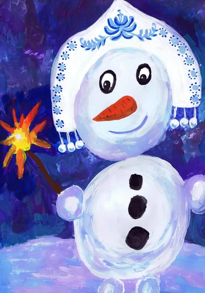 Muñeco Nieve Con Kokoshnik Cabeza Sostiene Fuego Bengalí Dibujo Infantil —  Fotos de Stock