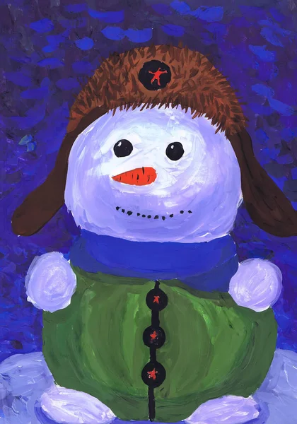 Χαρούμενος Χιονάνθρωπος Καπέλο Ακουστικού Παιδική Ζωγραφιά — Φωτογραφία Αρχείου