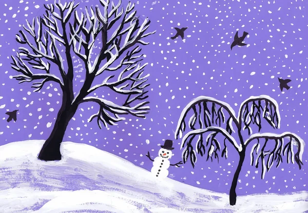 Paisaje Invernal Con Árboles Una Mujer Nieve Dibujo Infantil — Foto de Stock