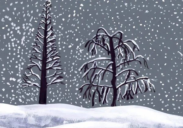 雪の下の木 冬の風景 子供の絵 — ストック写真