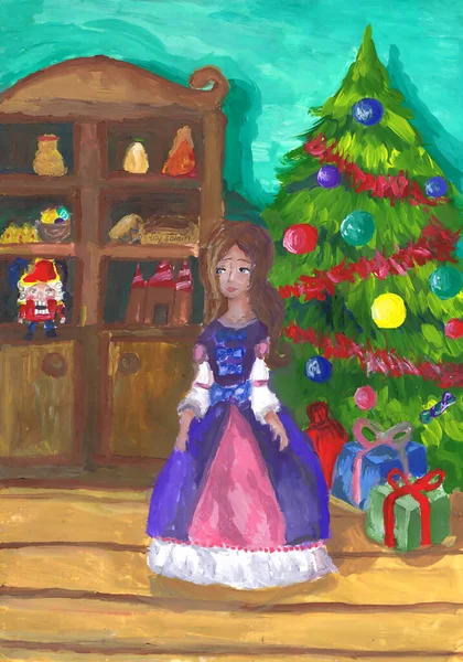 Menina Marie Fica Perto Árvore Natal Ilustração Conto Hoffmann Nutcracker — Fotografia de Stock