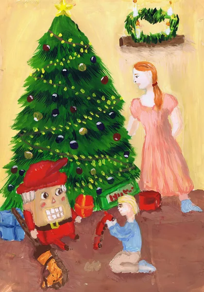 クリスマスツリーの周りのくるみ割り人形と子供たち Hoffmannの物語のイラスト くるみ割り人形とマウス王 子供の絵 — ストック写真