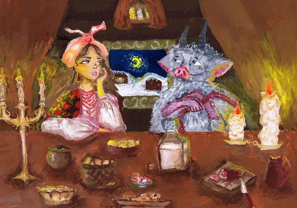 索洛卡和魔鬼正坐在节日桌旁 Gogol 圣诞前夜 的故事说明 儿童绘画 图库图片