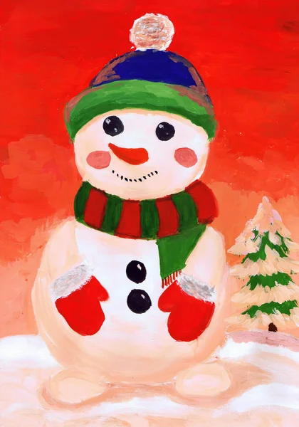クリスマスツリーに対する帽子の中の小さな雪だるま 子供の絵 — ストック写真