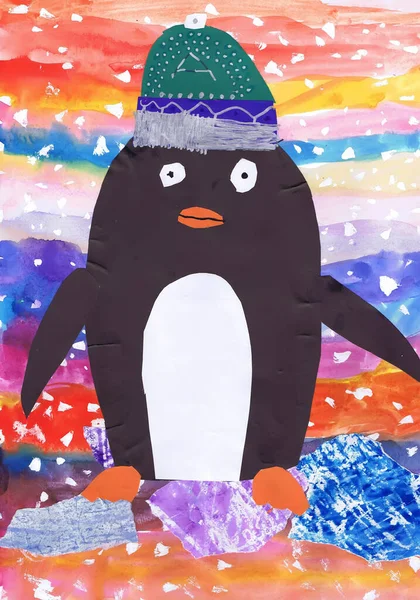 Пингвин Шляпе Стоит Льду Детское Приложение — стоковое фото