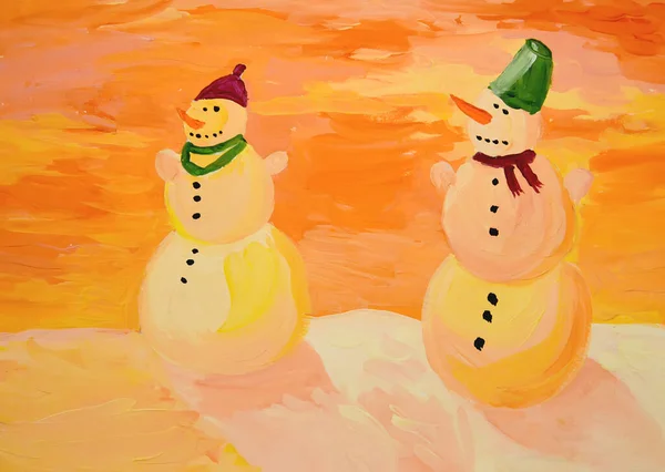 Dos Muñecos Nieve Atardecer Día Invierno Dibujo Infantil —  Fotos de Stock