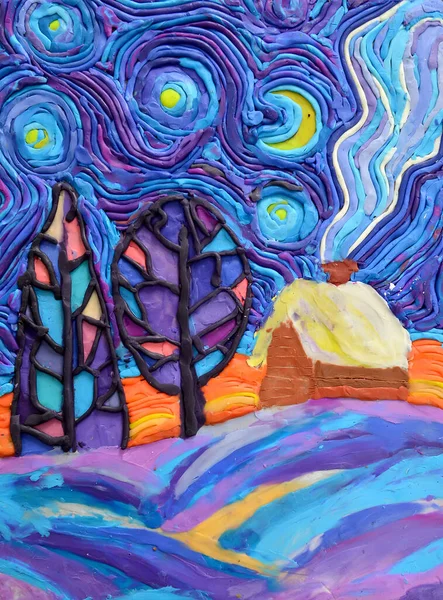Winter landscape with wooden house. Plasticine painting