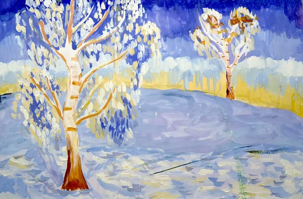 黎明时分 雪白的白桦树 冬季风景 儿童绘画 图库照片