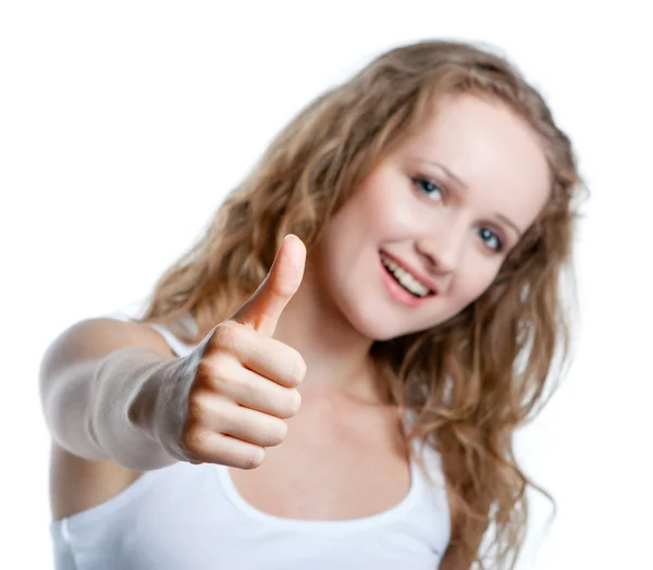 Girl shows her finger up — Stock Photo, Image