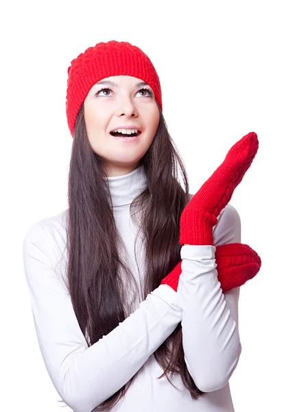 Natal mulher alegre em boné vermelho — Fotografia de Stock