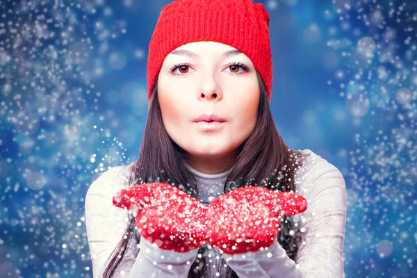 Christmas woman blowing snow — Stock Photo, Image