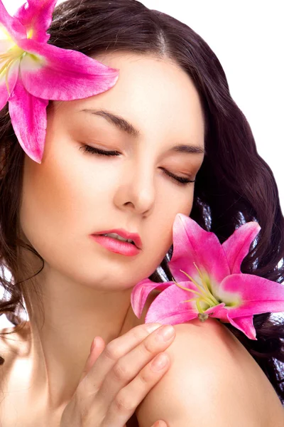 고립 된 활기찬 꽃과 귀여운 아름다움 여자 로열티 프리 스톡 이미지
