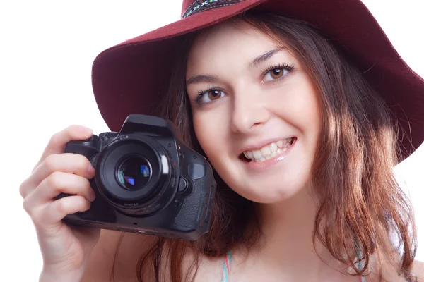 Χαμογελαστή γυναίκα με επαγγελματική κάμερα — Φωτογραφία Αρχείου