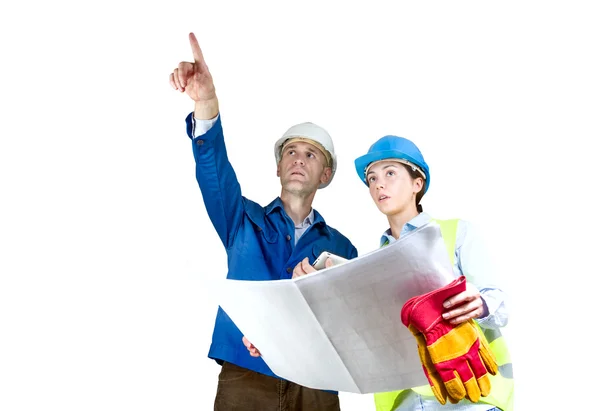 Foreman and engineer with blueprints — Stock Photo, Image