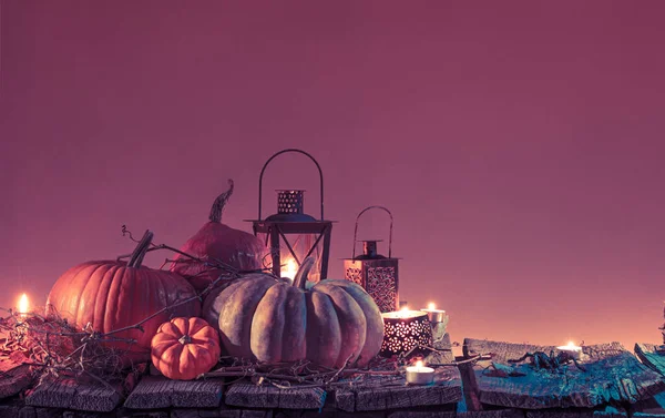 Halloween Fond Effrayant Avec Des Citrouilles Des Bougies — Photo