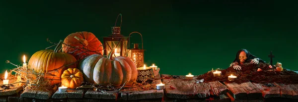 Halloween Sfondo Inquietante Con Zucche Candele — Foto Stock