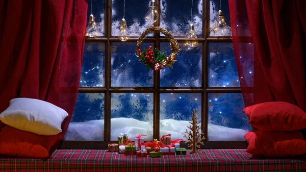 Boże Narodzenie Przytulne Tło Wewnętrzne Parapetem Oświetlone Światłami — Zdjęcie stockowe