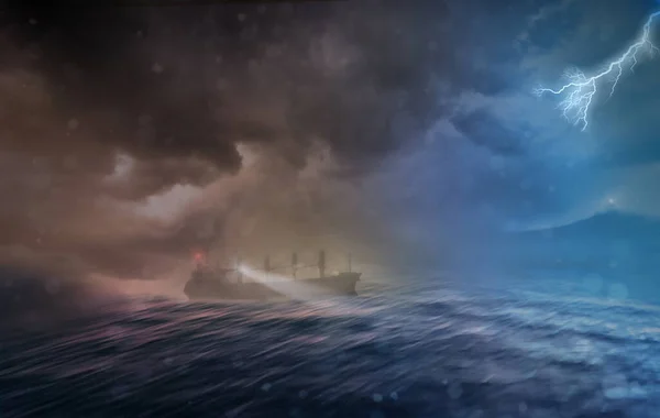 Frachtschiff Fährt Nachts Bei Schwerem Sturm Rauer See — Stockfoto