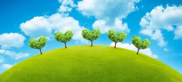 Erba Pianeta Con Alberi Cielo Blu Campo Verde Estivo Paesaggio — Foto Stock